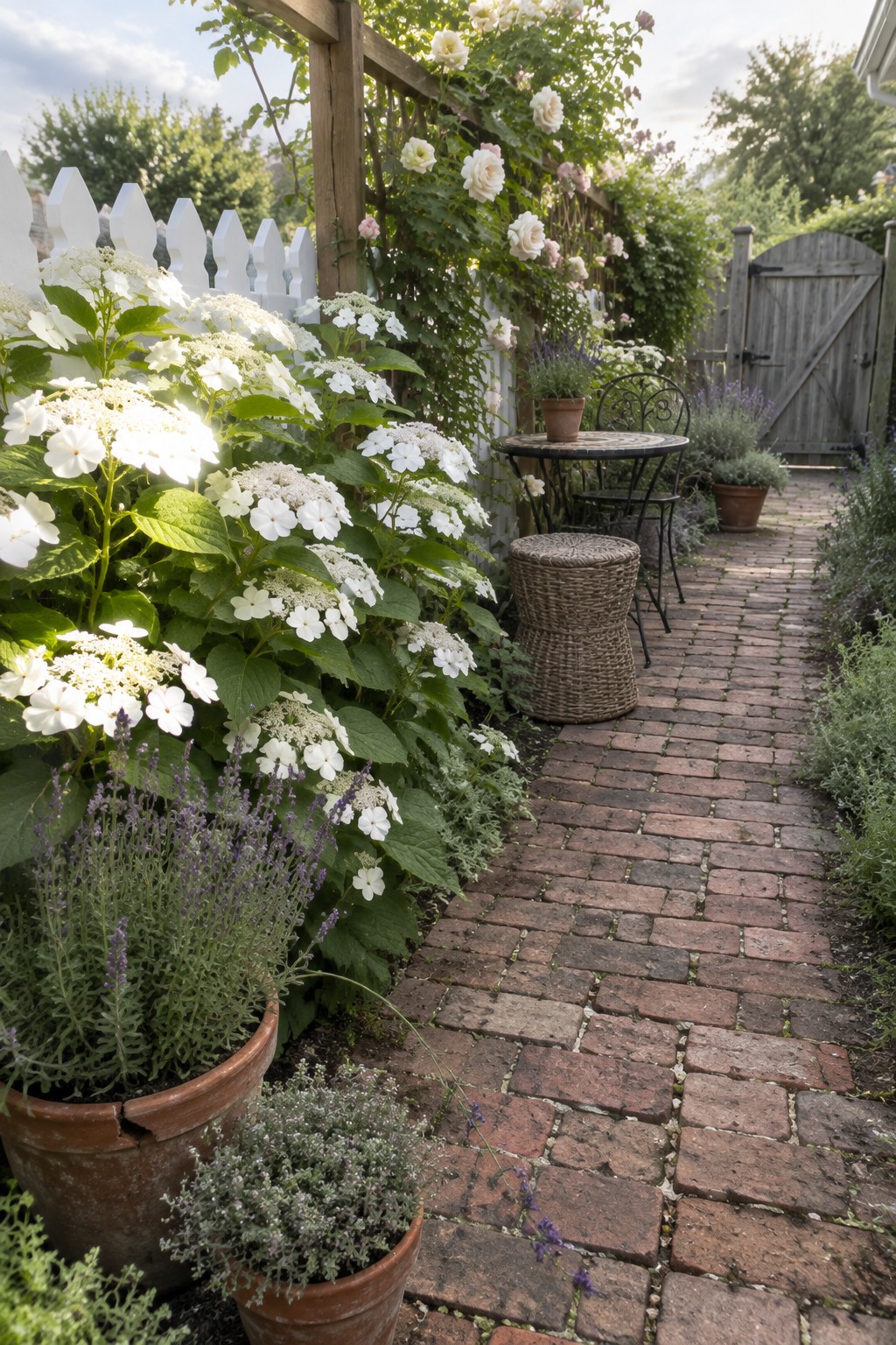 White hydrangeas grow beside a brick garden path leading to a wooden gate, with a small table and chairs nearby.