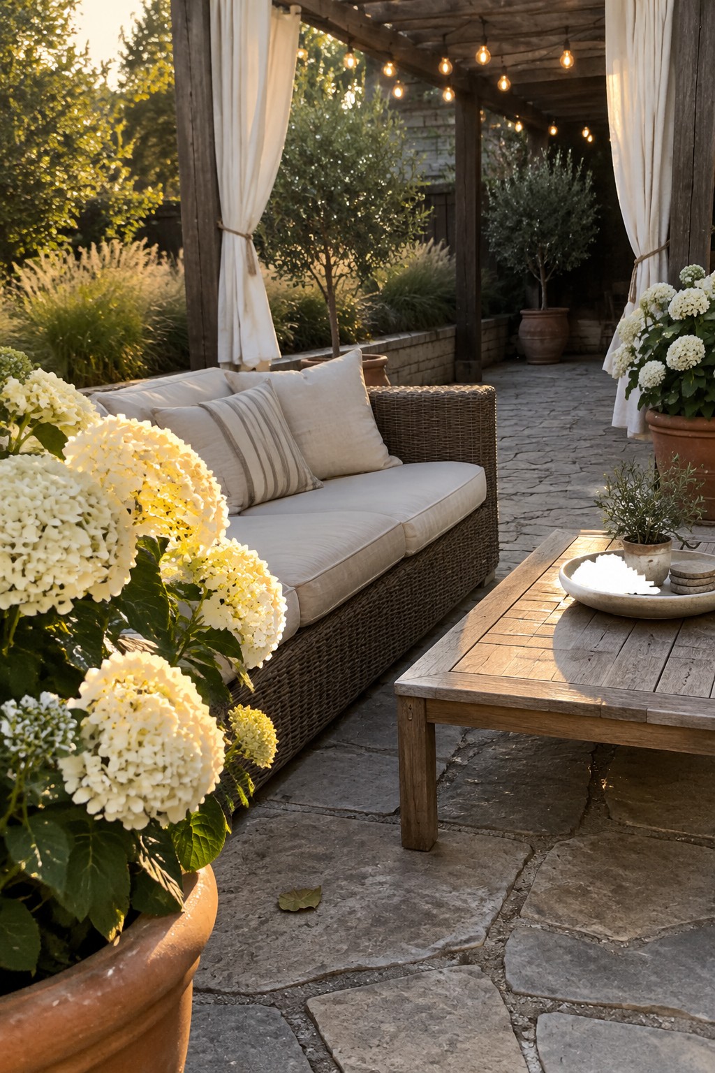 White hydrangeas in terracotta pots beside a wicker sofa on a stone patio under a wooden pergola.
