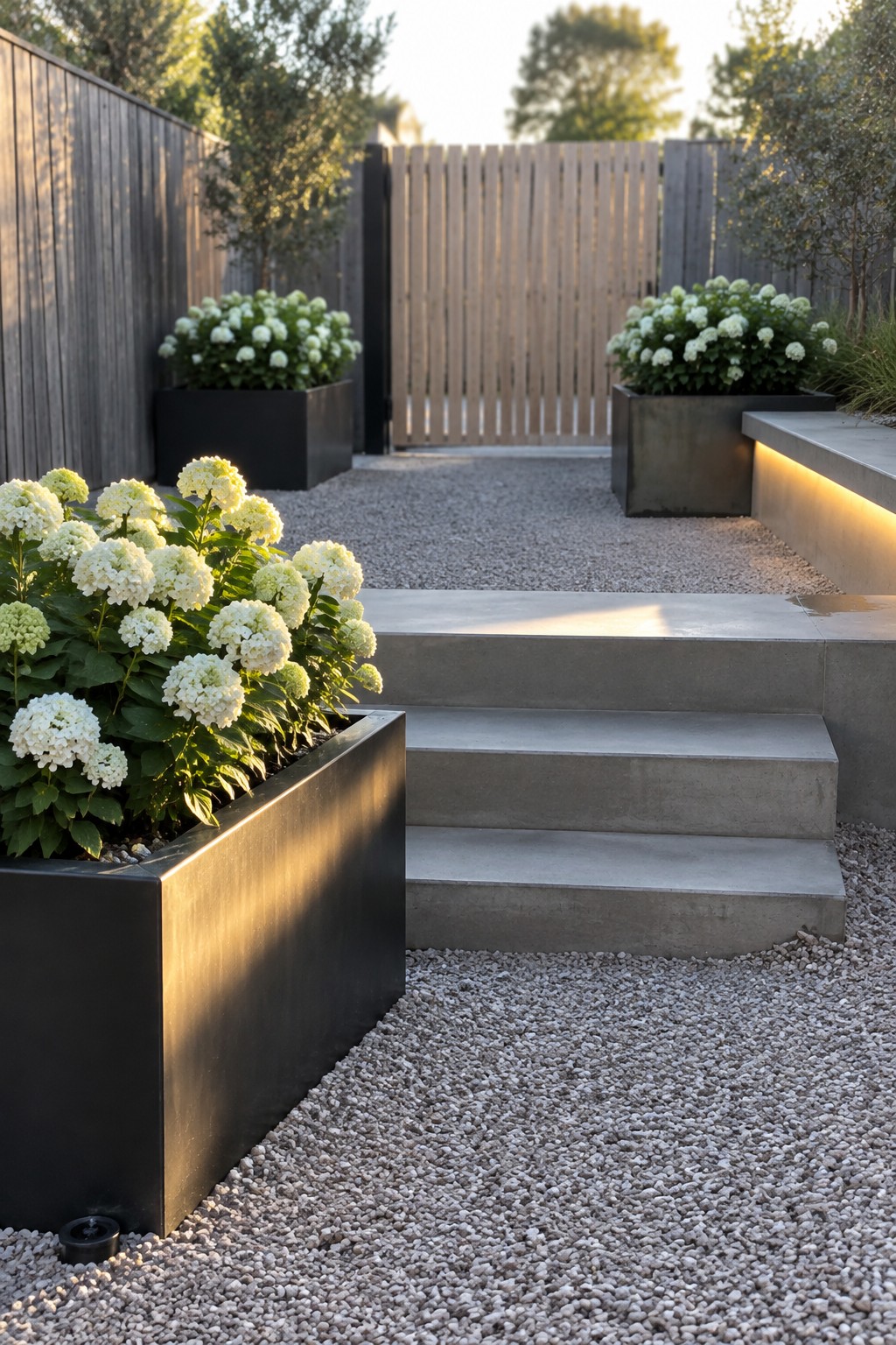 White hydrangeas grow in dark rectangular raised planters beside concrete steps in a gravel garden with a wooden fence.