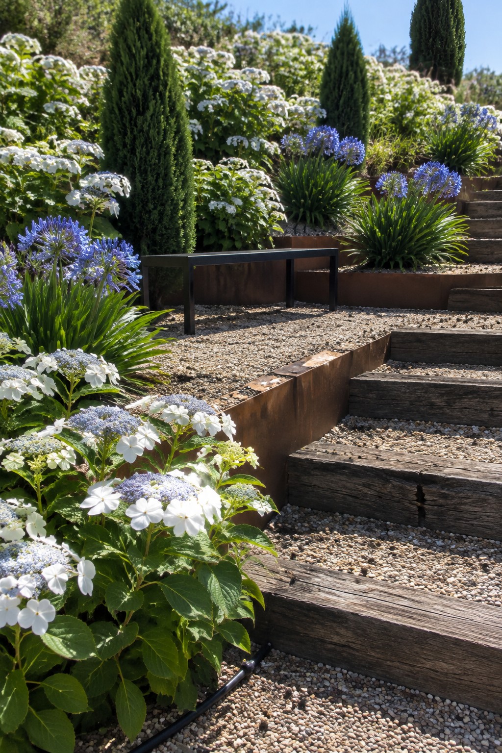 White hydrangeas fill terraced garden beds beside gravel paths and timber steps.