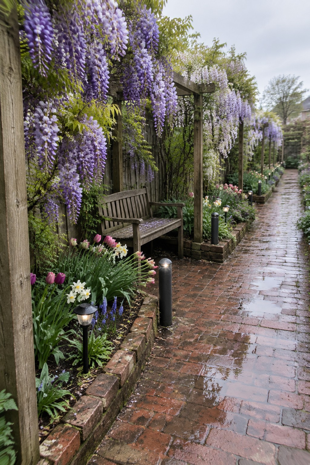 A wooden bench sits beside a brick garden path beneath a timber fence covered in purple wisteria.