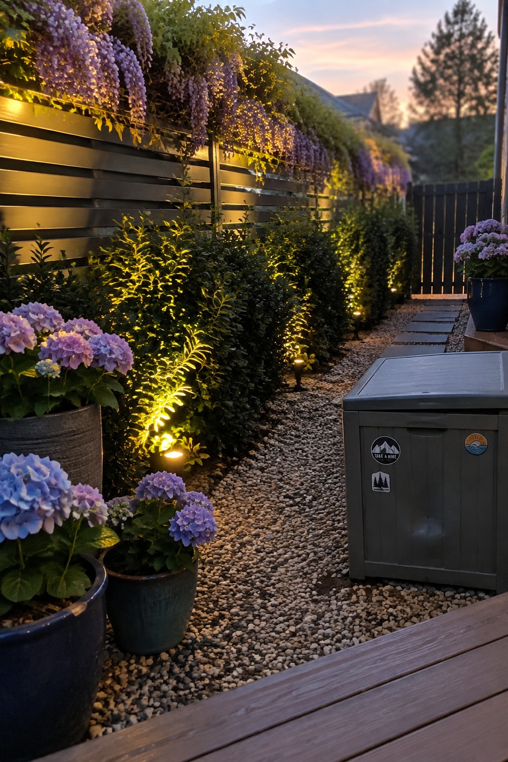 A gravel garden path runs beside a dark horizontal fence covered in purple wisteria, with small lights among the shrubs and potted hydrangeas nearby.