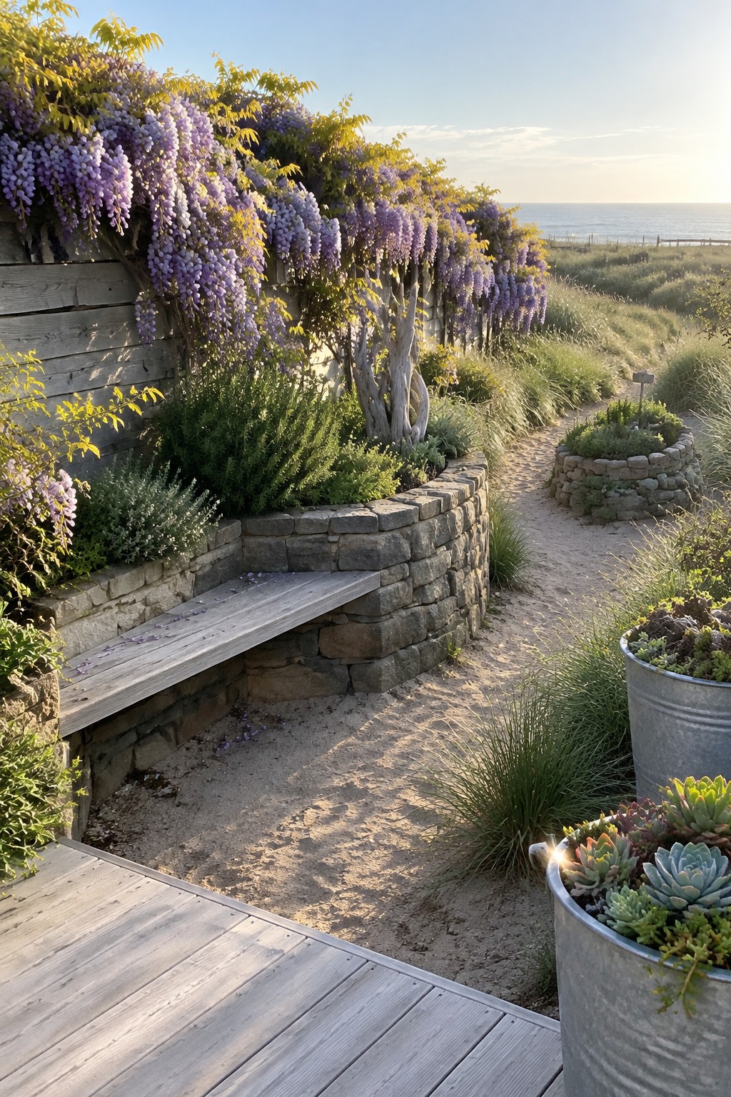 A sandy garden path passes a stone-edged planting bed and a wooden fence covered in purple wisteria, with the ocean visible beyond.