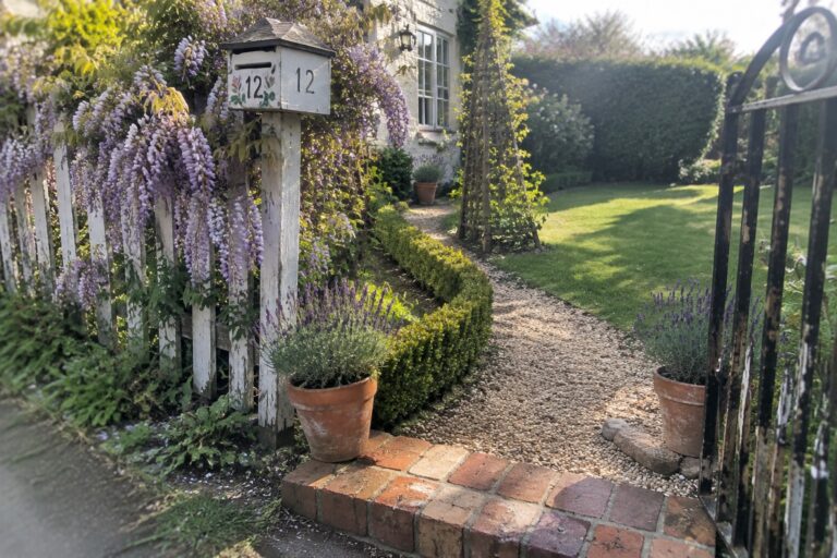 21 Wisteria Fence Landscaping Ideas for Cascading Color Purple wisteria climbs a white garden fence beside a gravel path and a mailbox marked No. 12.