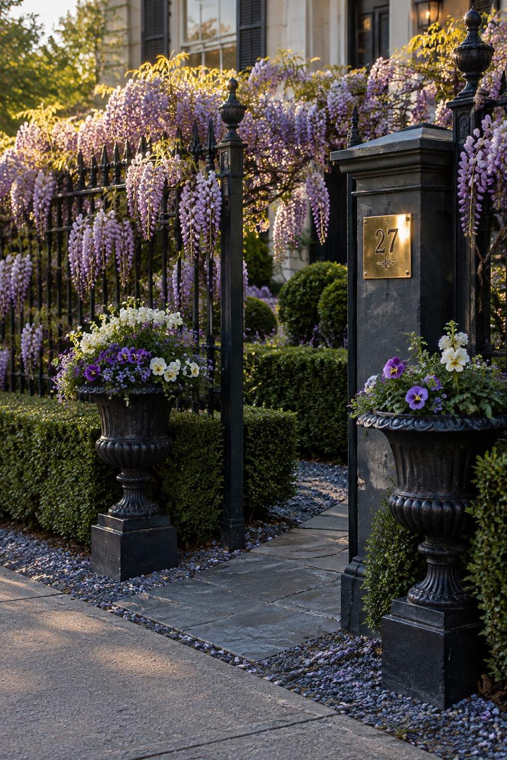 Purple wisteria cascades over a black iron fence beside a stone entry path, with a house number plaque reading 27.