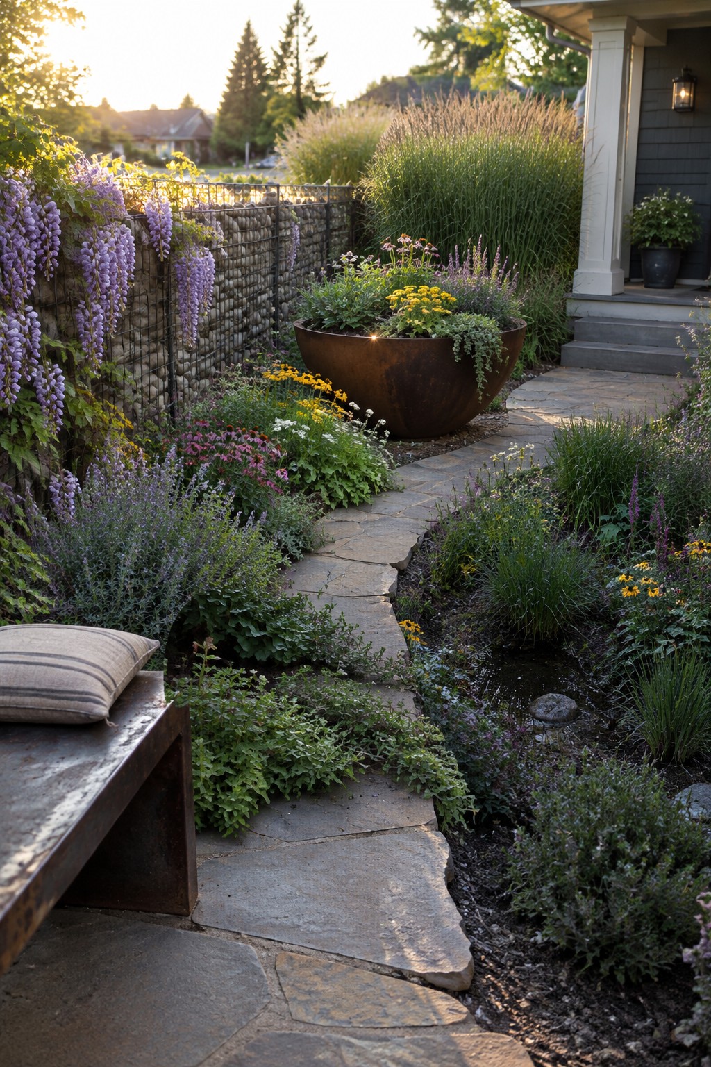 A stone garden path winds past a fence covered in purple wisteria beside flowering garden beds.