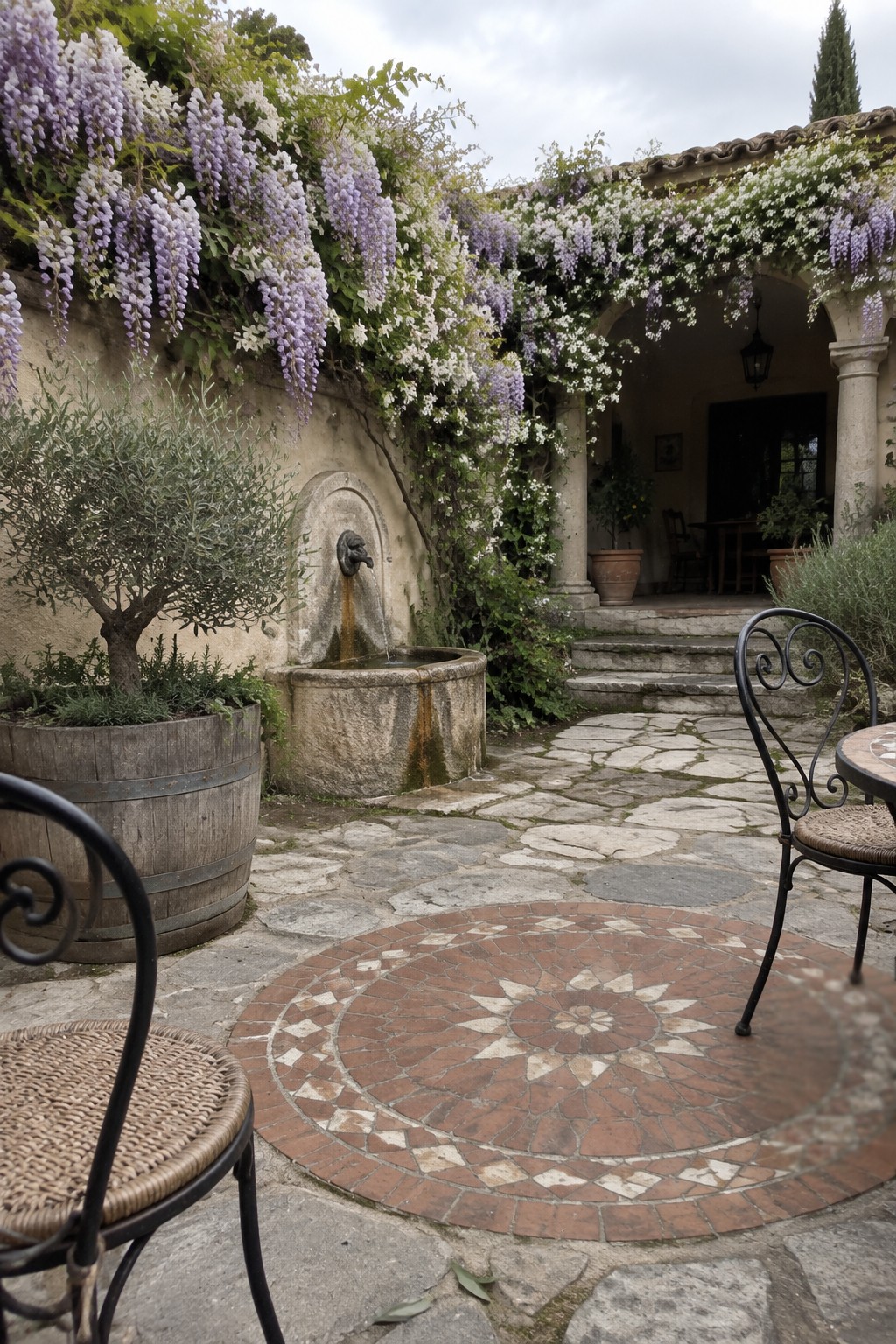 Purple and white wisteria cascades over a stone courtyard wall beside a fountain and tiled patio.