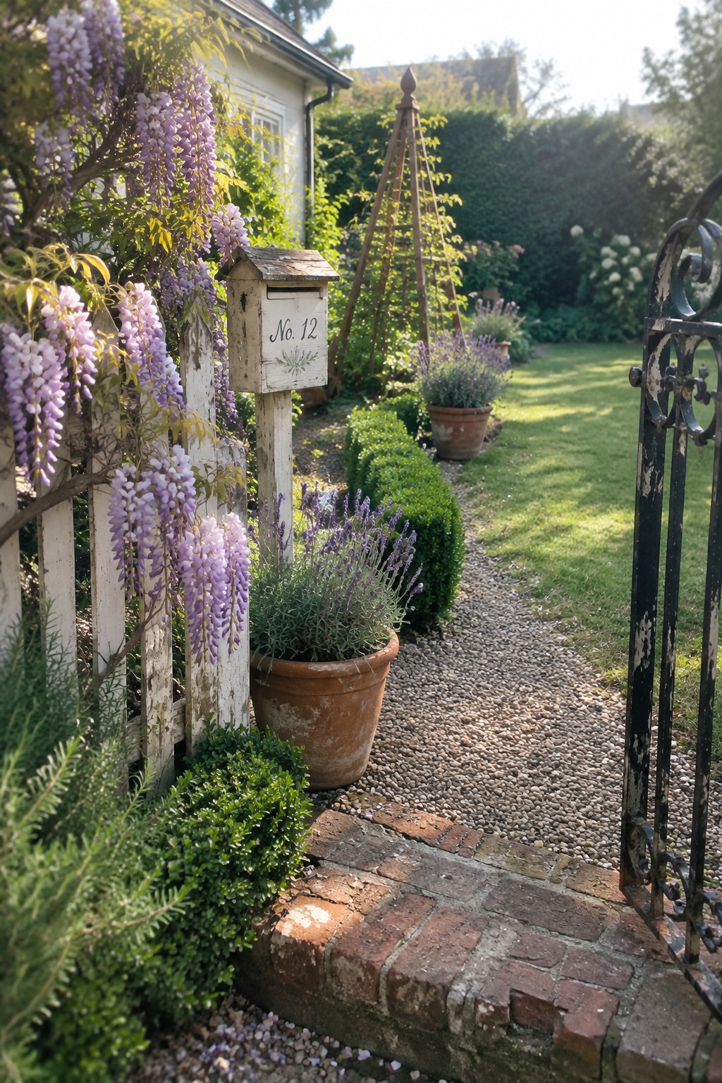 Purple wisteria climbs a white garden fence beside a gravel path and a mailbox marked No. 12.