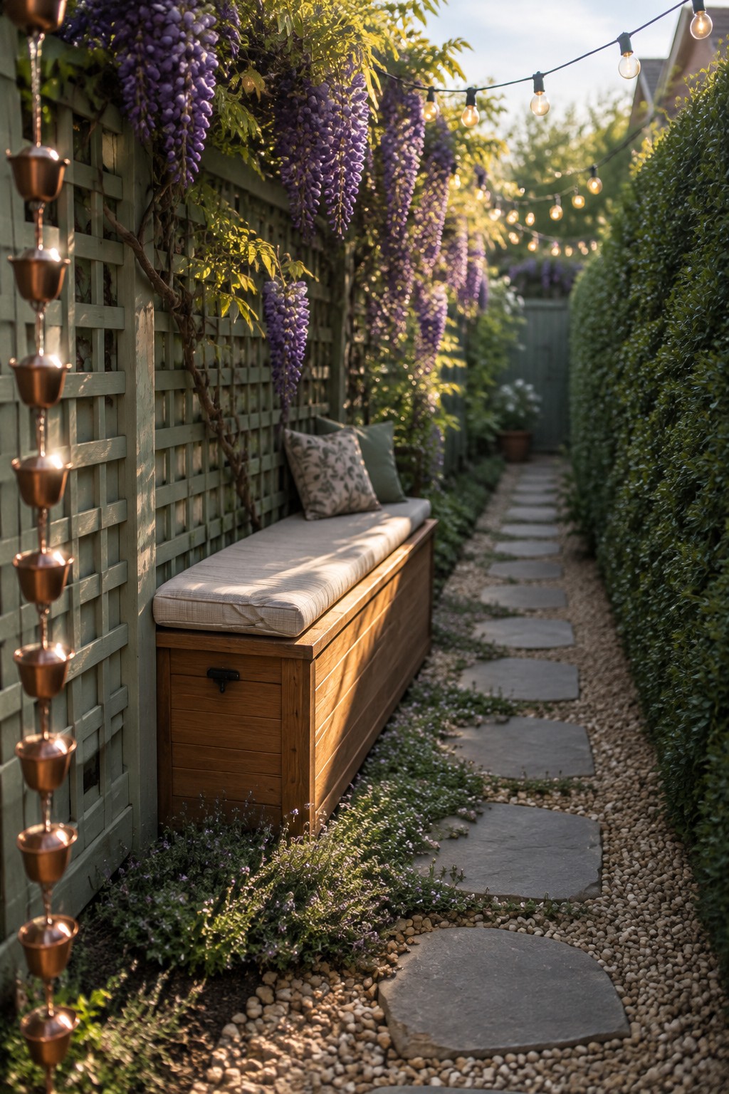 A narrow garden path with stepping stones beside a wooden fence covered in cascading purple wisteria.