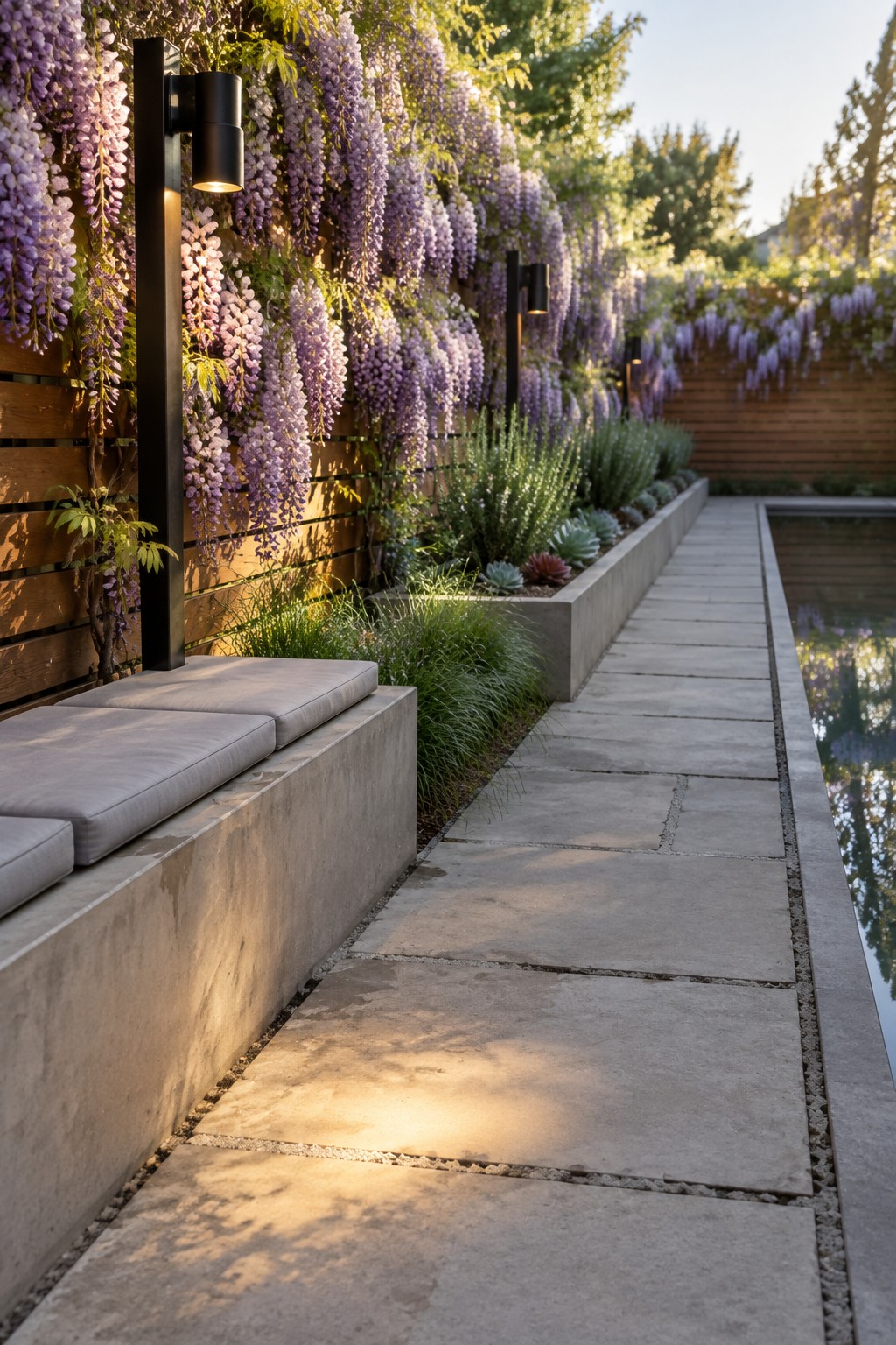 A stone path runs beside a wooden fence covered in cascading purple wisteria, with garden lights and a raised planting bed.