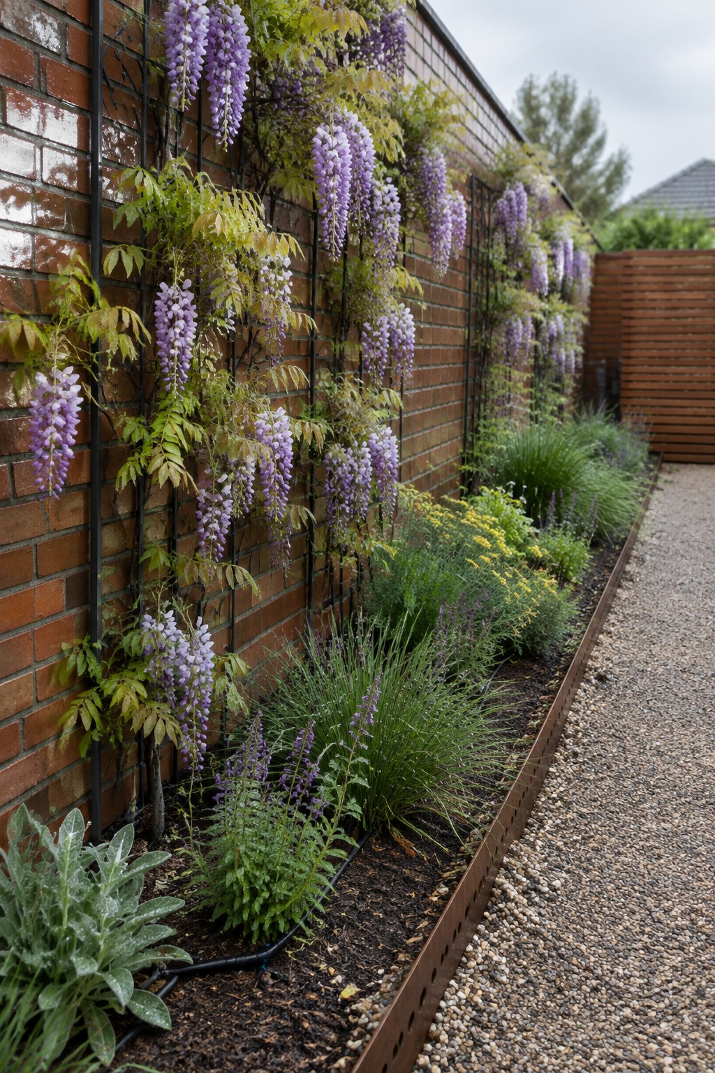 Purple wisteria grows on a black trellis attached to a brick wall beside a planted garden bed and gravel path.