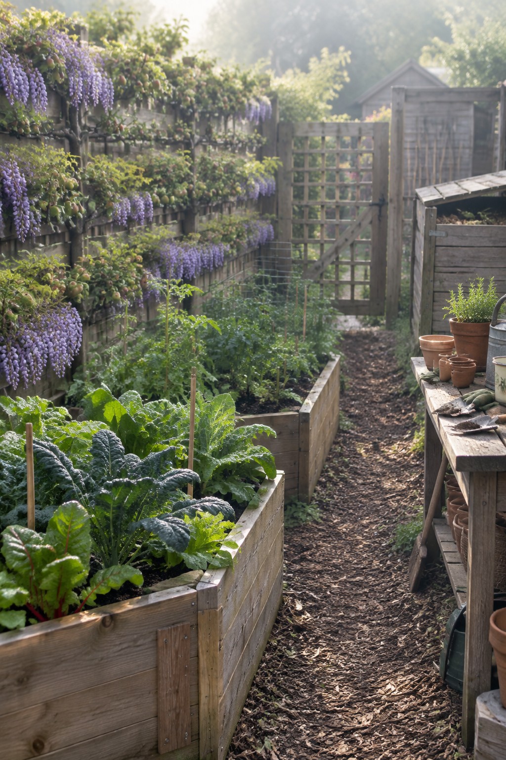 A wood-chip path runs between raised vegetable beds and a wooden fence covered with cascading purple wisteria.