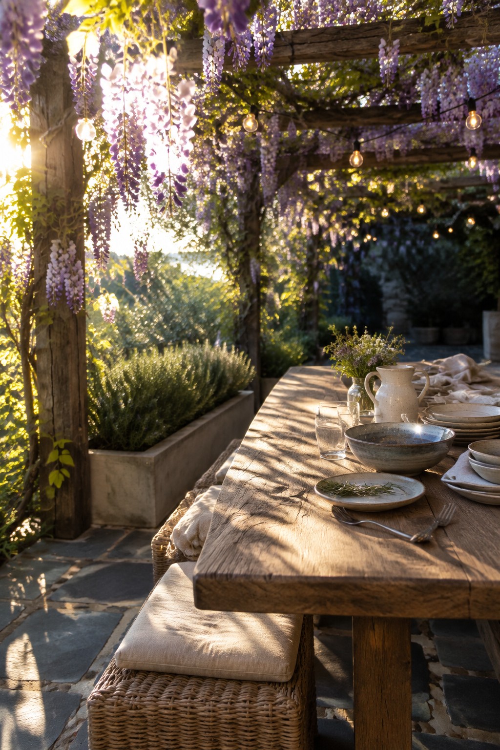 A wooden outdoor dining table sits beneath a pergola covered in purple wisteria, with string lights overhead.