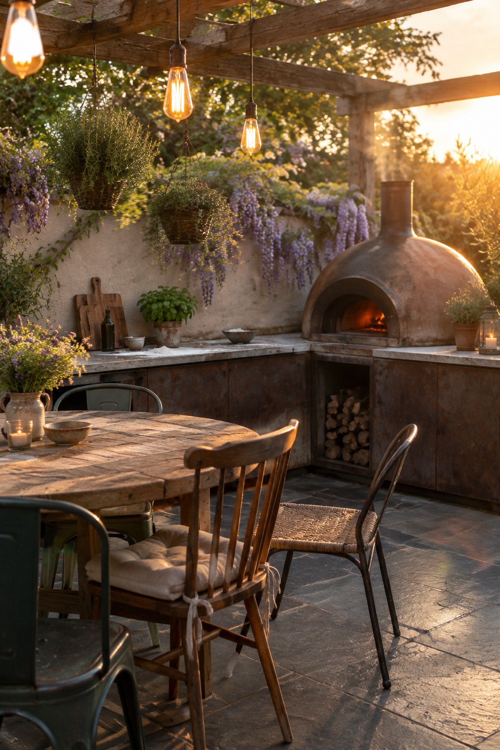 A rustic outdoor dining area sits beneath a wooden pergola with hanging lights, trailing flowers, and a domed pizza oven.