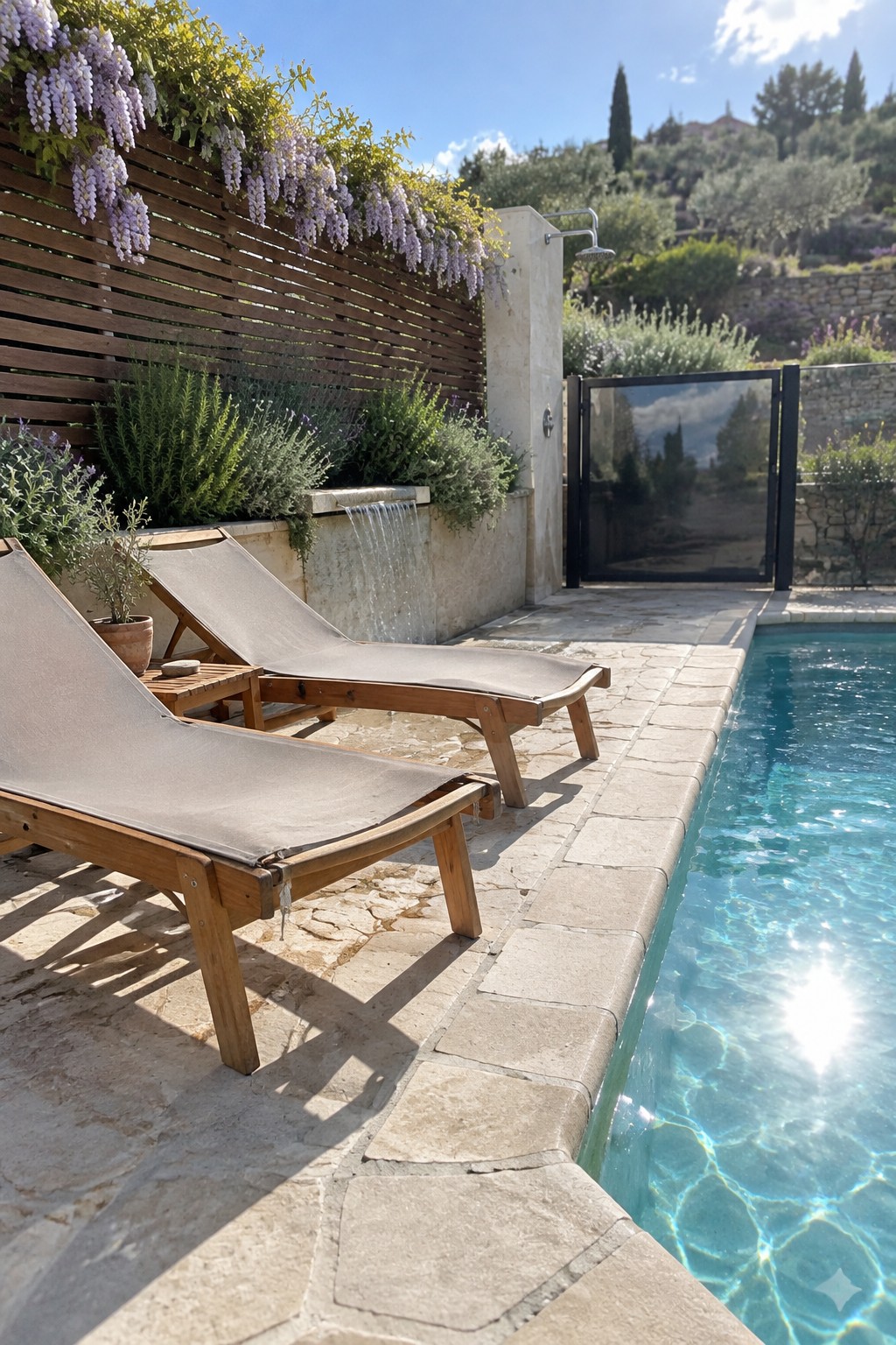 A wisteria-covered wooden fence borders a stone pool deck with two lounge chairs and a swimming pool.