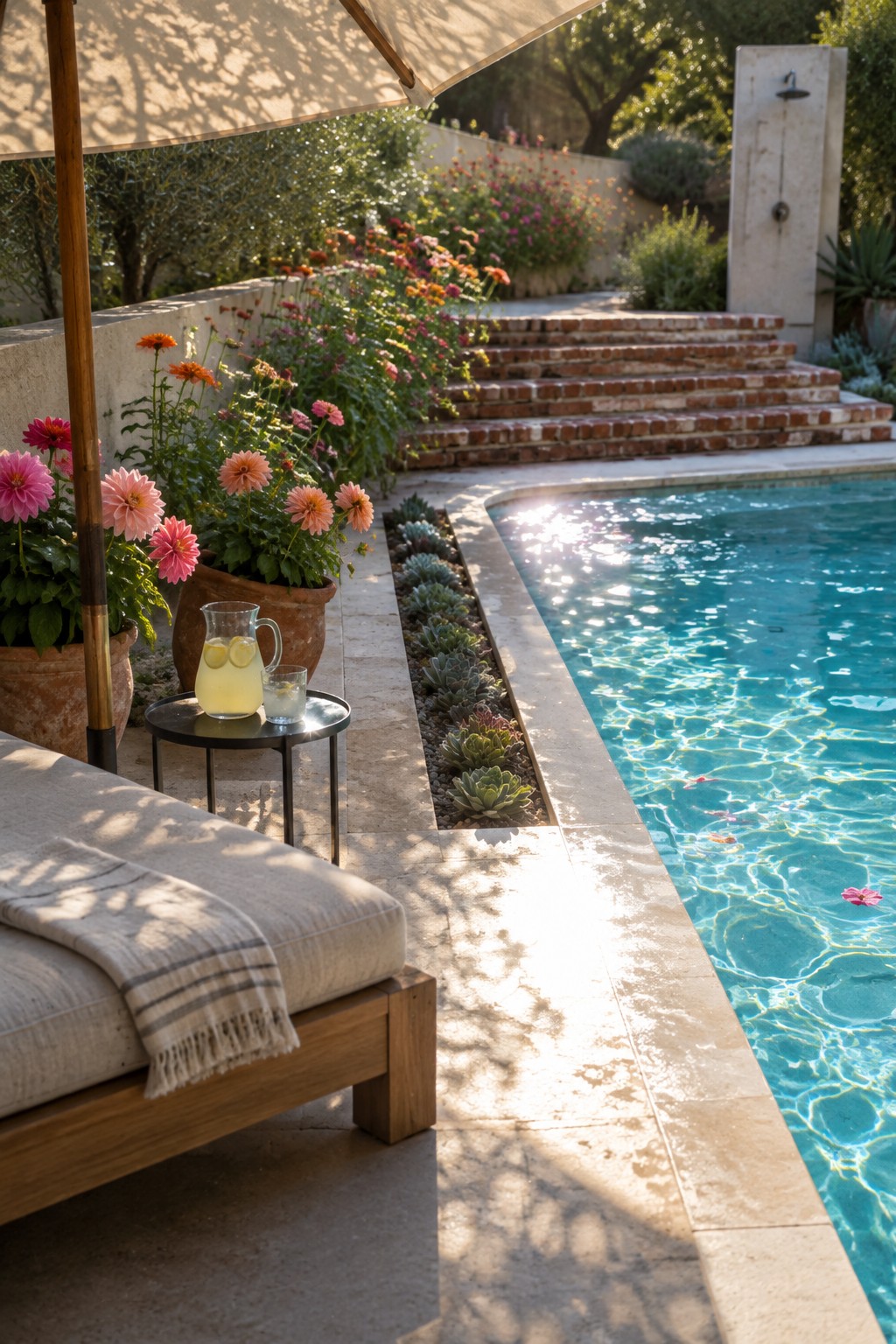 A swimming pool bordered by a narrow succulent bed and colorful flowers, with brick steps and a stone outdoor shower nearby.