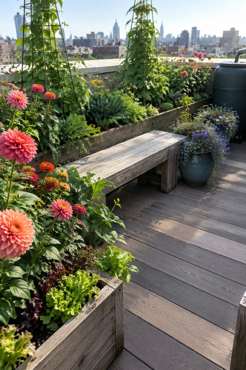 A rooftop garden with raised wooden flower beds, pink dahlias and orange zinnias, a wooden bench, and a blue pot of purple flowers.