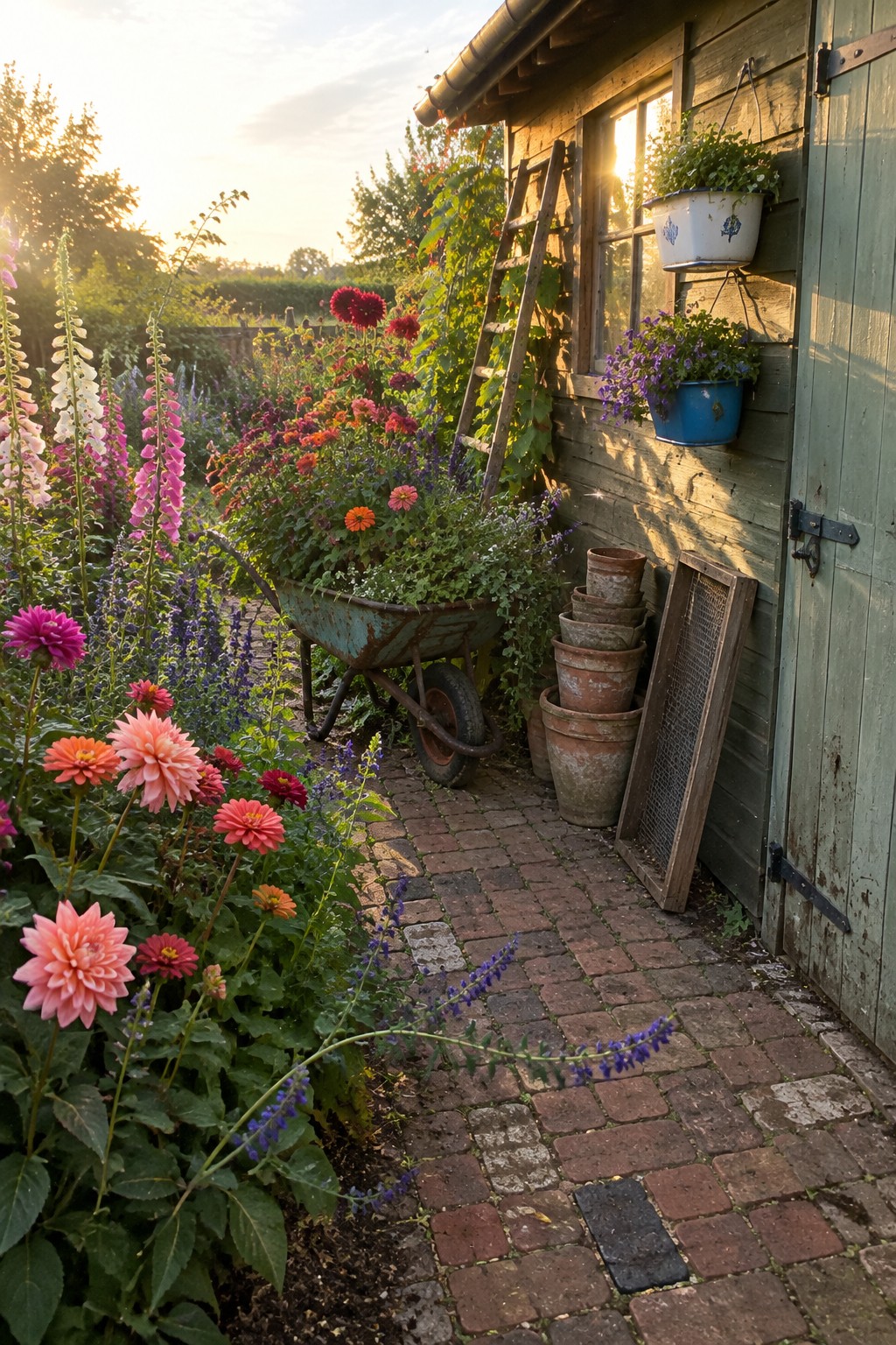 A brick garden path runs beside dahlias, zinnias, and other flowers near a weathered wooden shed.