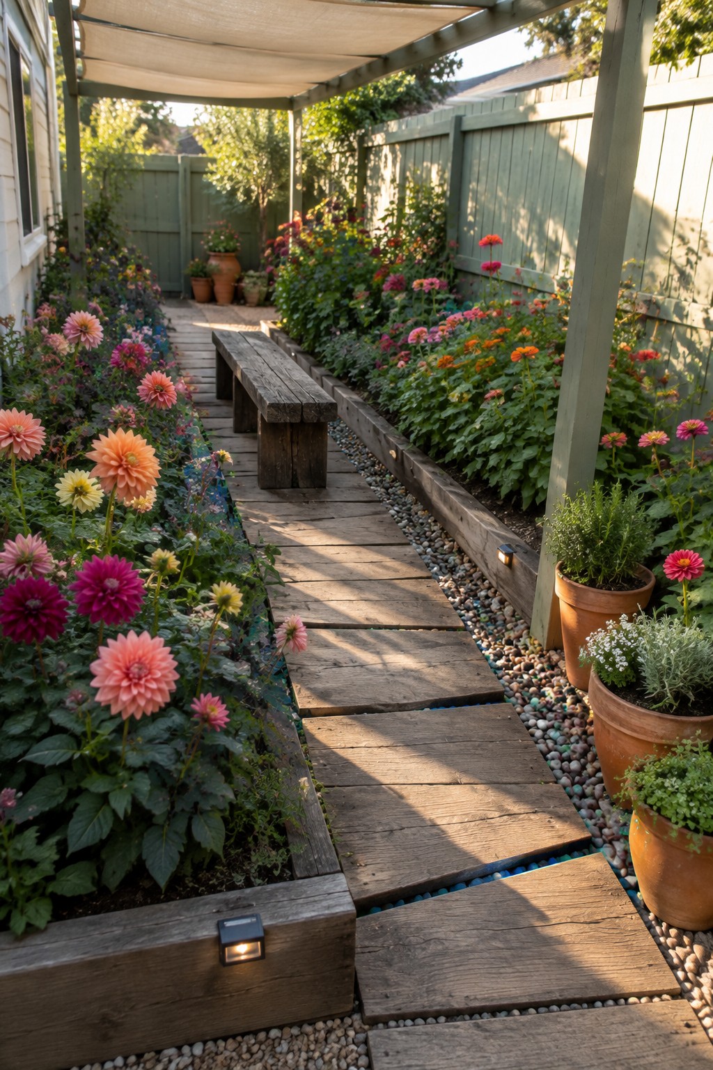 A wooden boardwalk runs between flower beds of dahlias and zinnias in a fenced garden.
