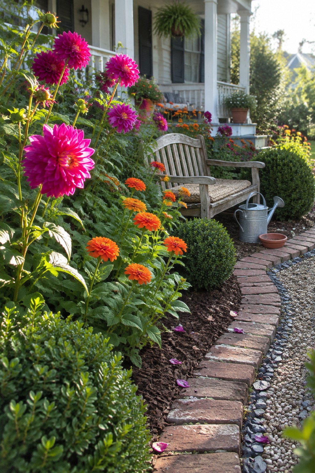 Pink dahlias and orange zinnias grow beside a curved brick garden border and gravel path, with a wooden bench near the porch.