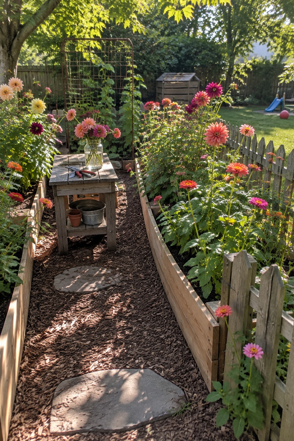A mulched path runs between raised flower beds filled with dahlias and zinnias in a backyard garden.
