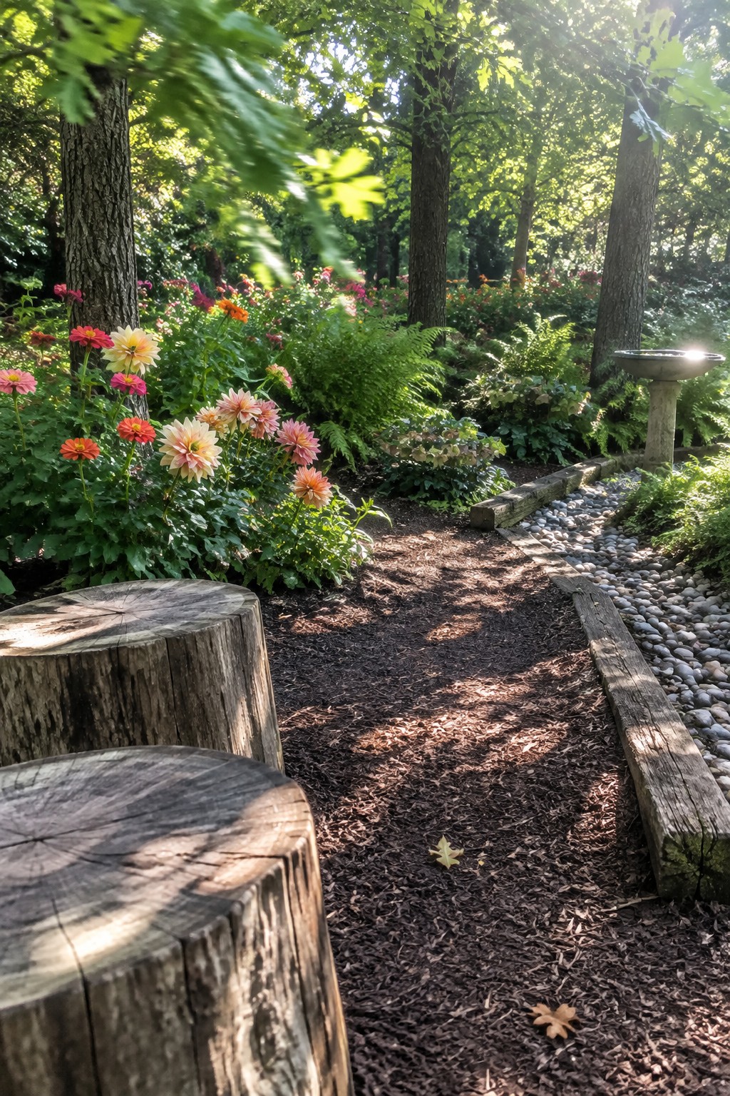 A mulched garden path runs between flower beds and trees, with cut-log seats in the foreground and a stone birdbath beside a bed of pale river rocks.