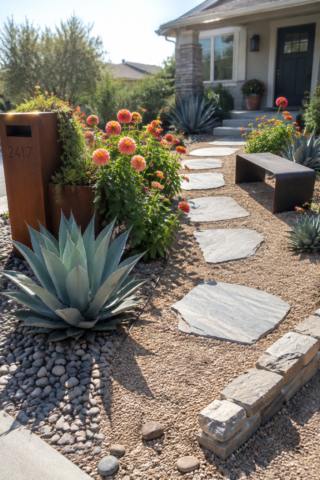 Irregular flat stone steps wind through a gravel front garden with agave plants and orange-pink flowers.