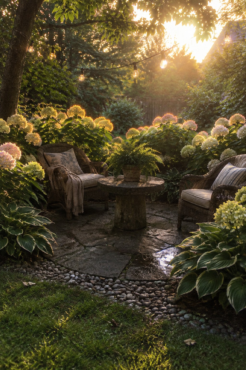 Two wicker chairs and a round stone table sit on a paved patio among hostas and blooming hydrangeas.