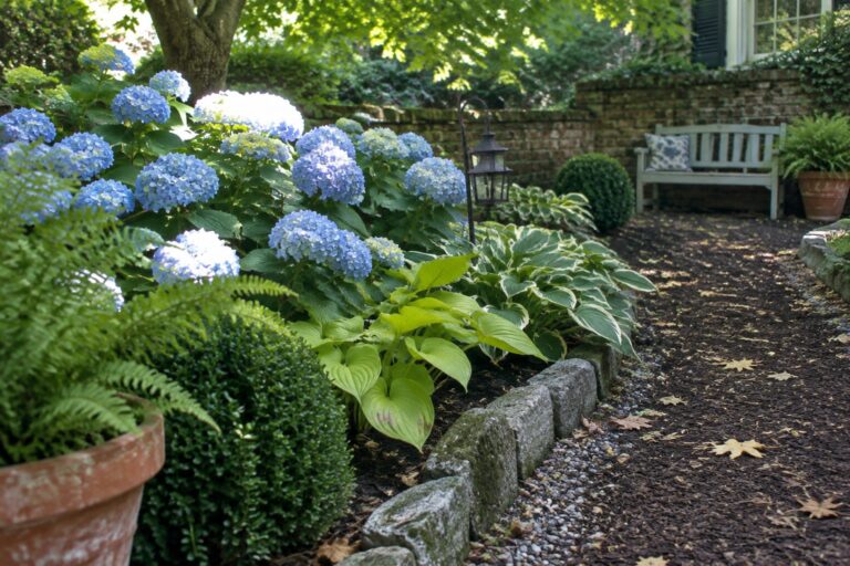 Blue hydrangeas and leafy hostas grow behind a low stone border beside a mulch path in a shaded garden.