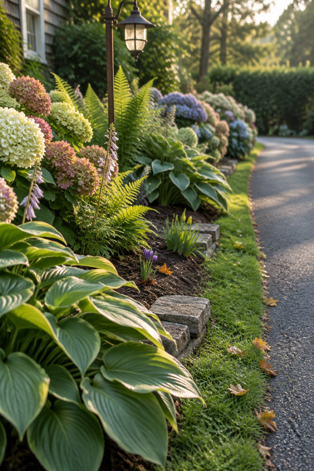 Broad-leaved hostas and flowering hydrangeas grow along a stone-edged garden bed beside a paved path.