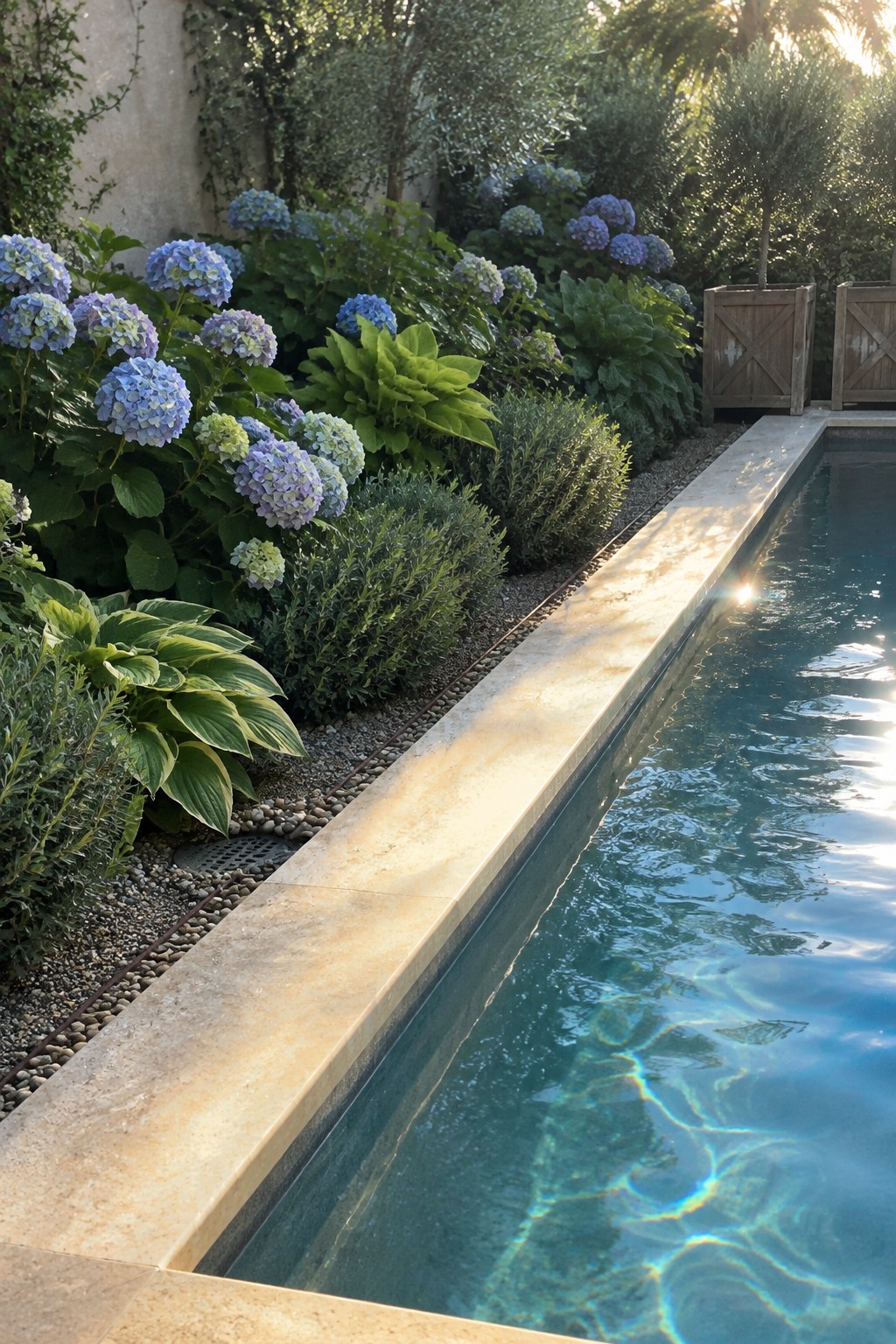 Blue and lavender hydrangeas and leafy plants grow beside a swimming pool with a pale stone edge.