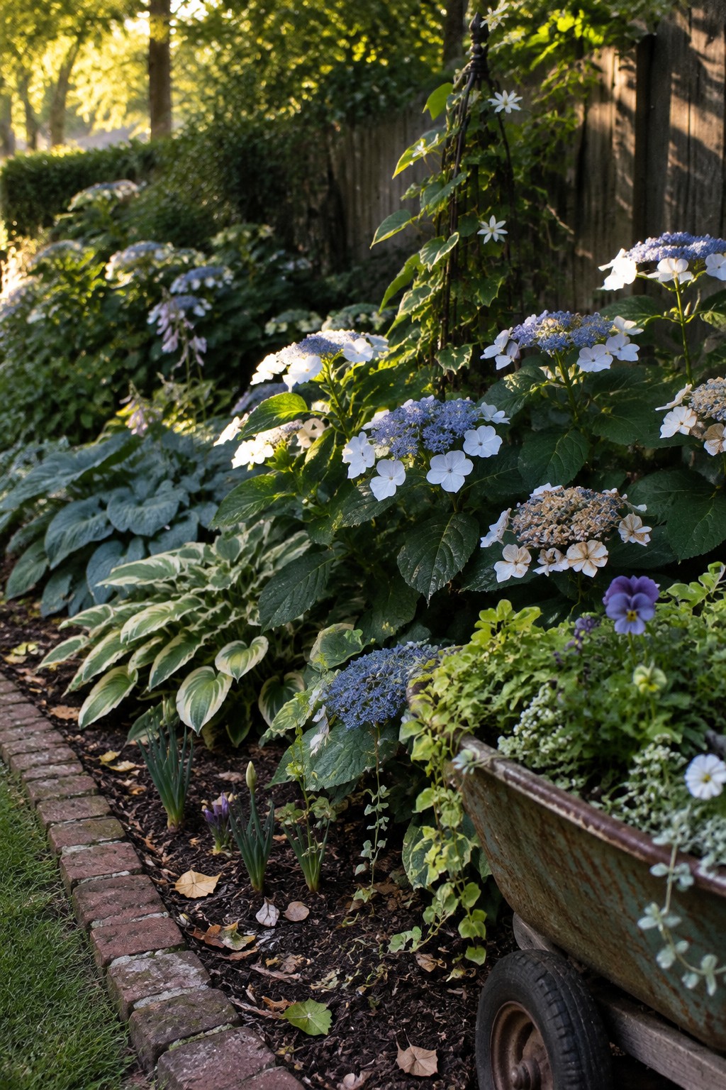Blue and white hydrangeas and variegated hostas grow beside a brick garden path and wooden fence.