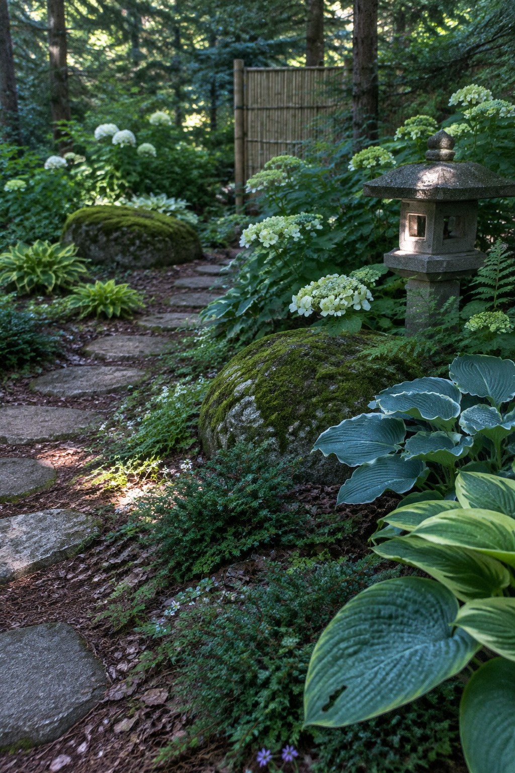 Irregular stone stepping stones wind through a shaded garden with hostas, white hydrangeas, mossy rocks, and a stone lantern.