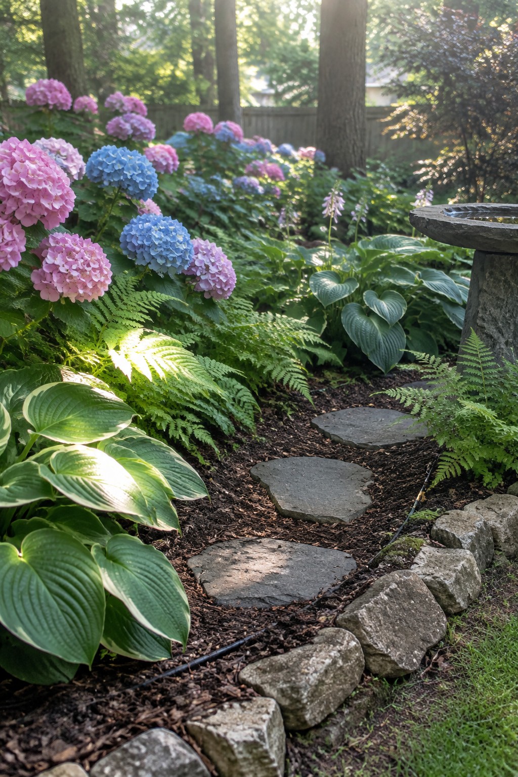 Irregular stone stepping stones wind through a shaded garden bed with hostas, ferns, and pink and blue hydrangeas.