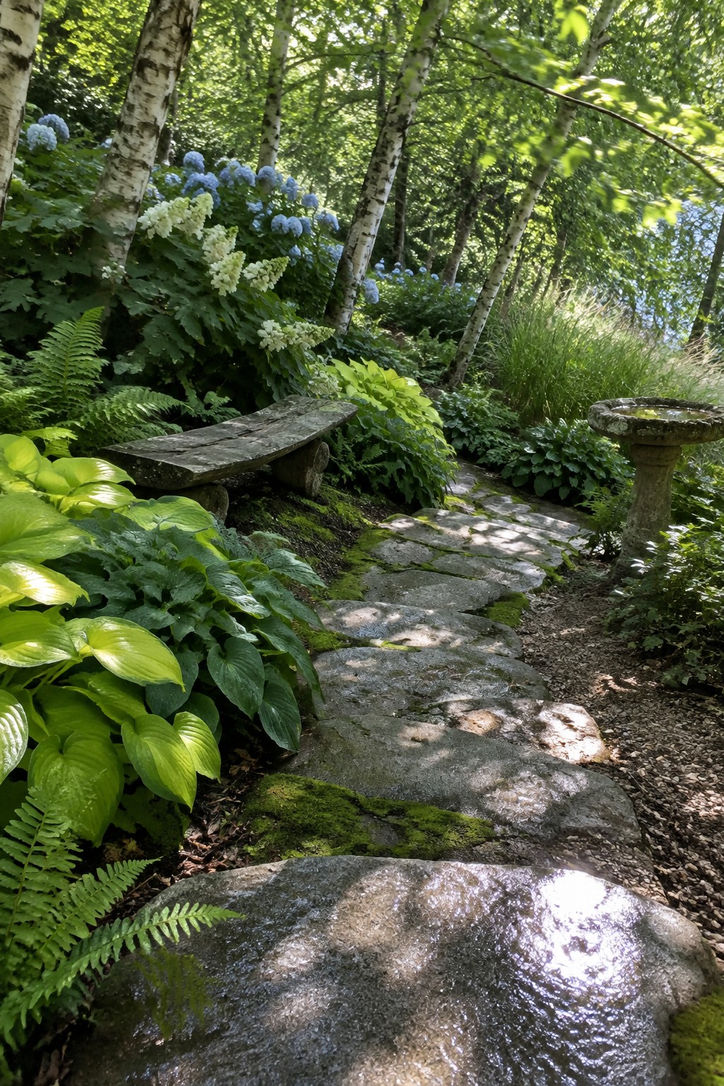 An irregular stone path winds through a shaded garden with hostas, ferns, hydrangeas, birch trees, a wooden bench, and a birdbath.