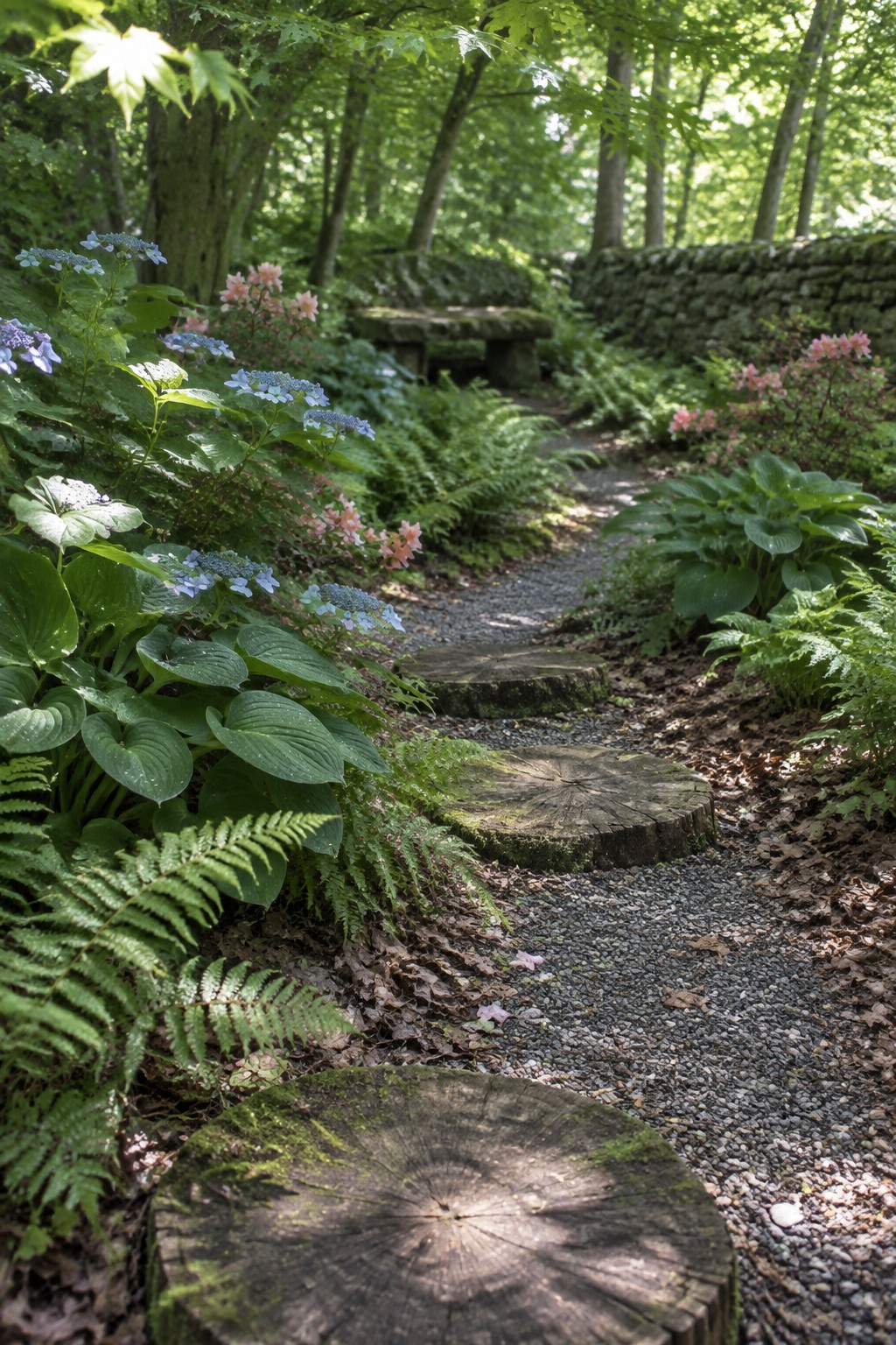 A gravel garden path winds between round tree-stump stepping stones, with ferns, hostas, and flowering shrubs along the edges.