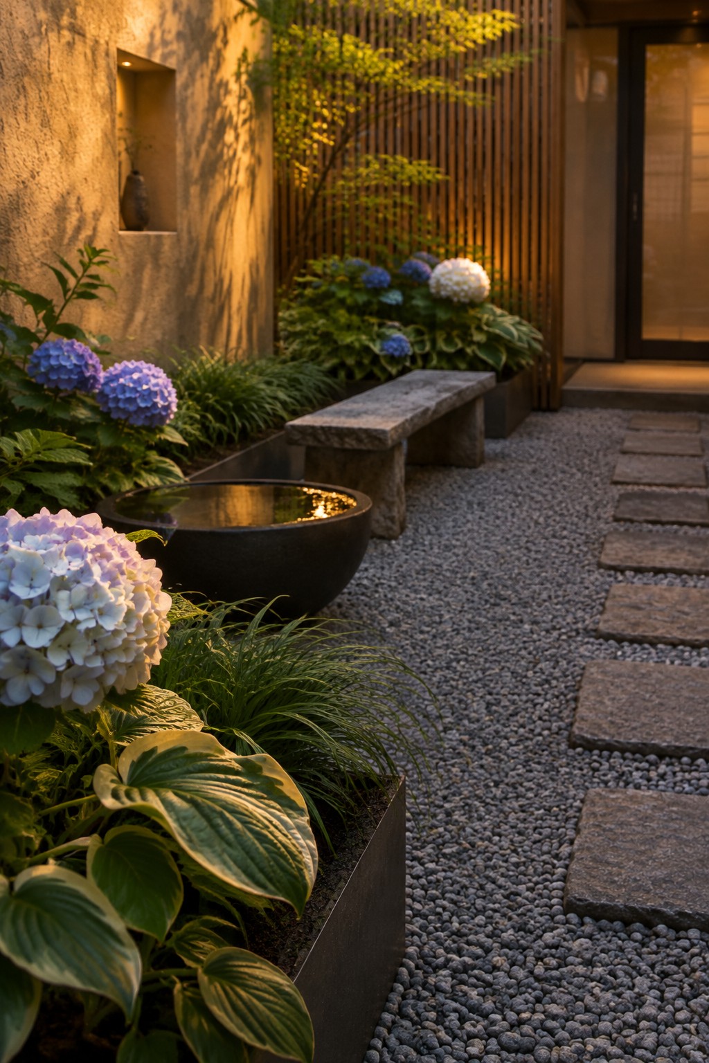 Hydrangeas and hostas grow beside a gravel path with stone stepping slabs in a shaded garden.