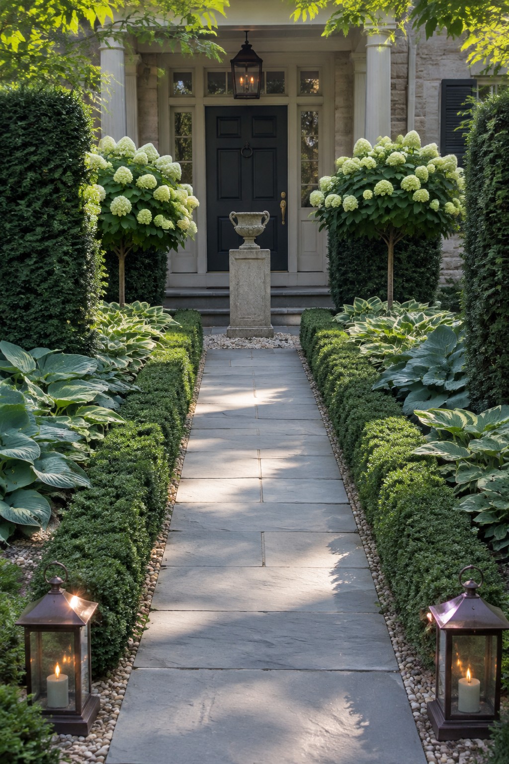 A straight stone walkway passes between clipped hedges, hostas, and white hydrangeas toward a dark front door.