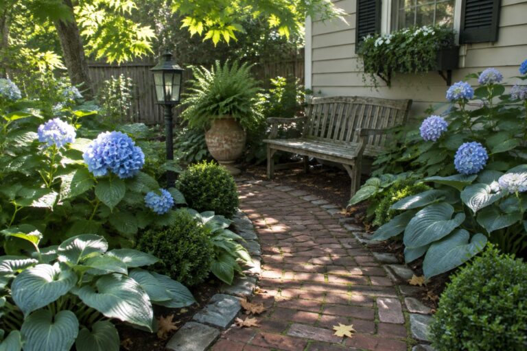 21 Hydrangea and Hosta Landscaping Ideas for Shade Gardens A curved brick path winds through hydrangeas and hostas toward a wooden bench beside a house.