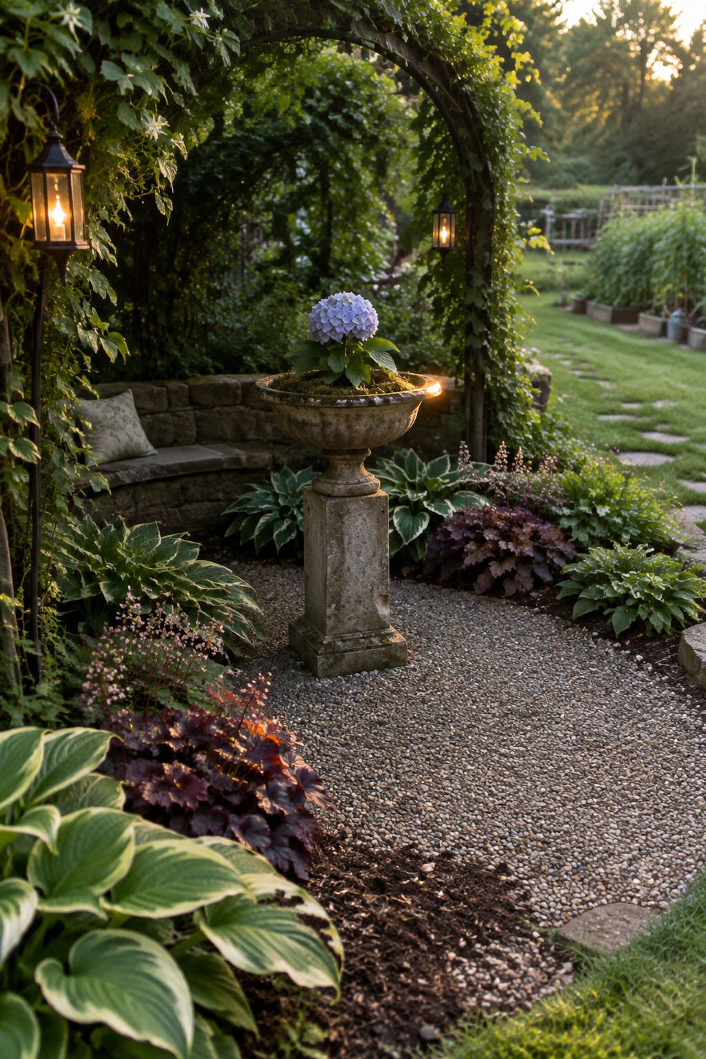 A vine-covered garden arch with lanterns stands over a gravel path beside a stone pedestal planter filled with a blue hydrangea.