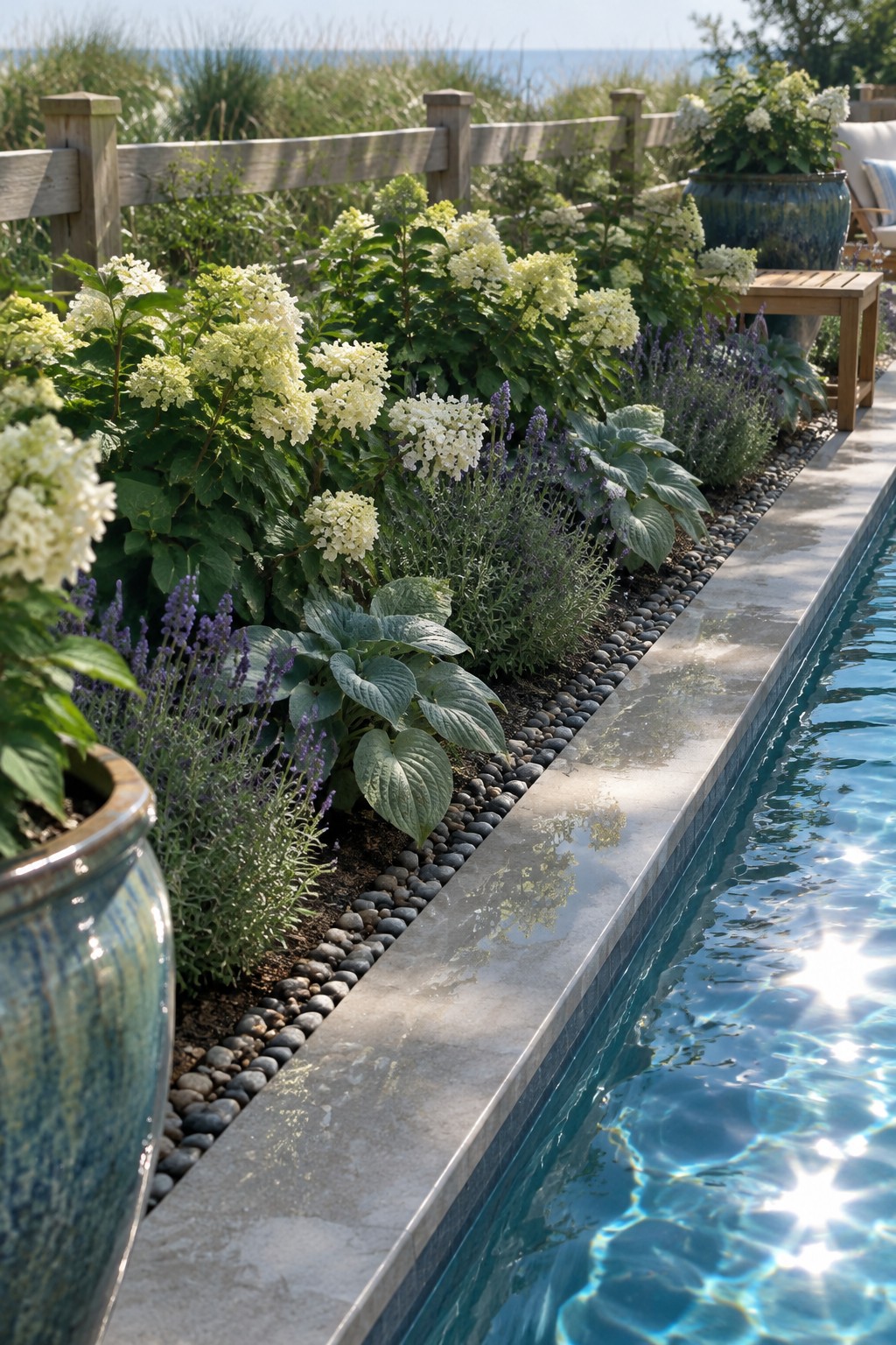 A garden bed of white hydrangeas and purple flowers edged with smooth pebbles beside a swimming pool.