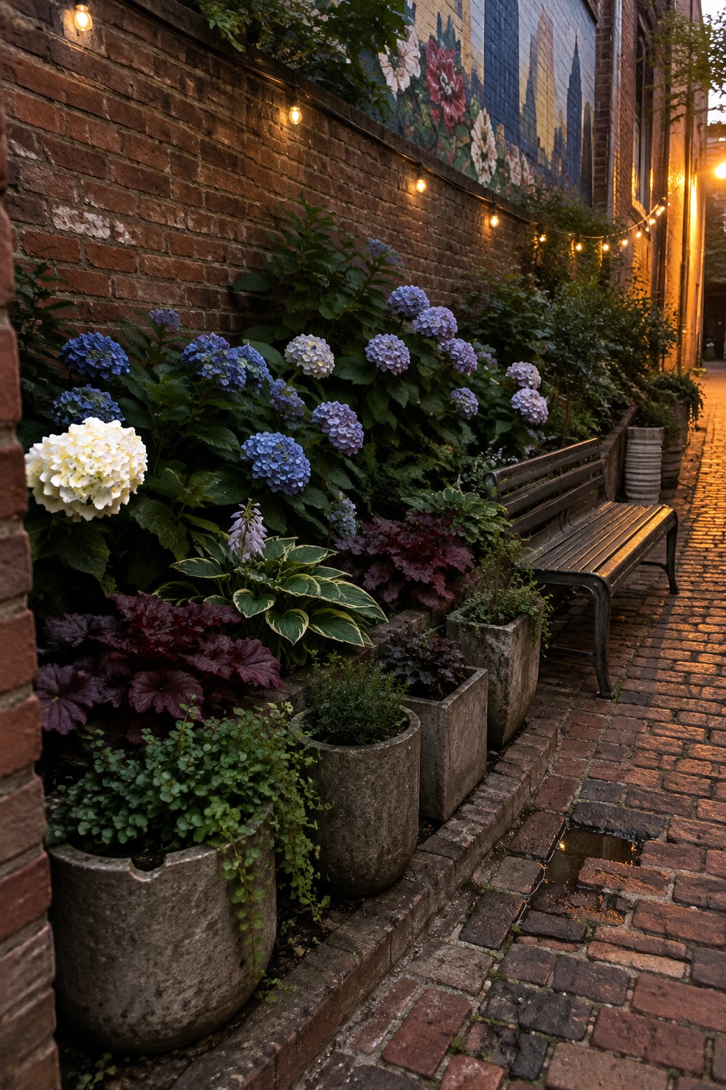 Hydrangeas and leafy plants grow in a narrow brick courtyard beside concrete planters, a wooden bench, and a brick walkway.
