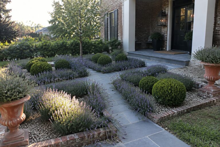 Brick-edged garden beds planted with lavender and boxwood beside a stone walkway leading to a brick house.