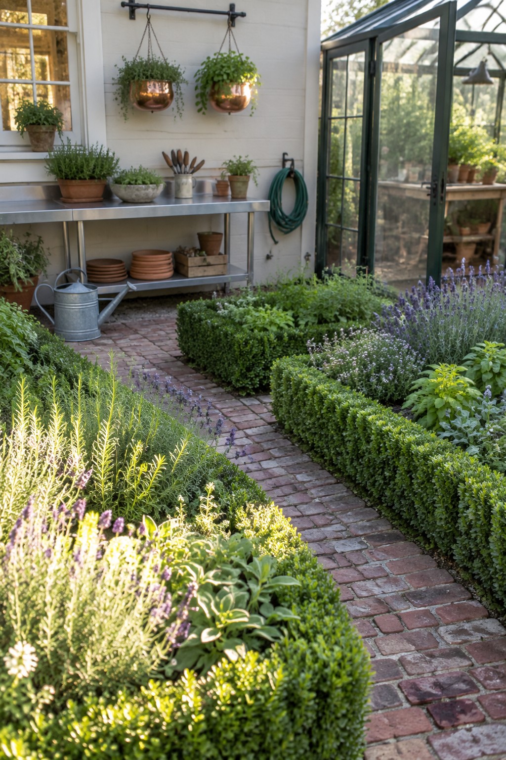 A curved brick path runs between boxwood hedges and flowering plants beside a greenhouse.