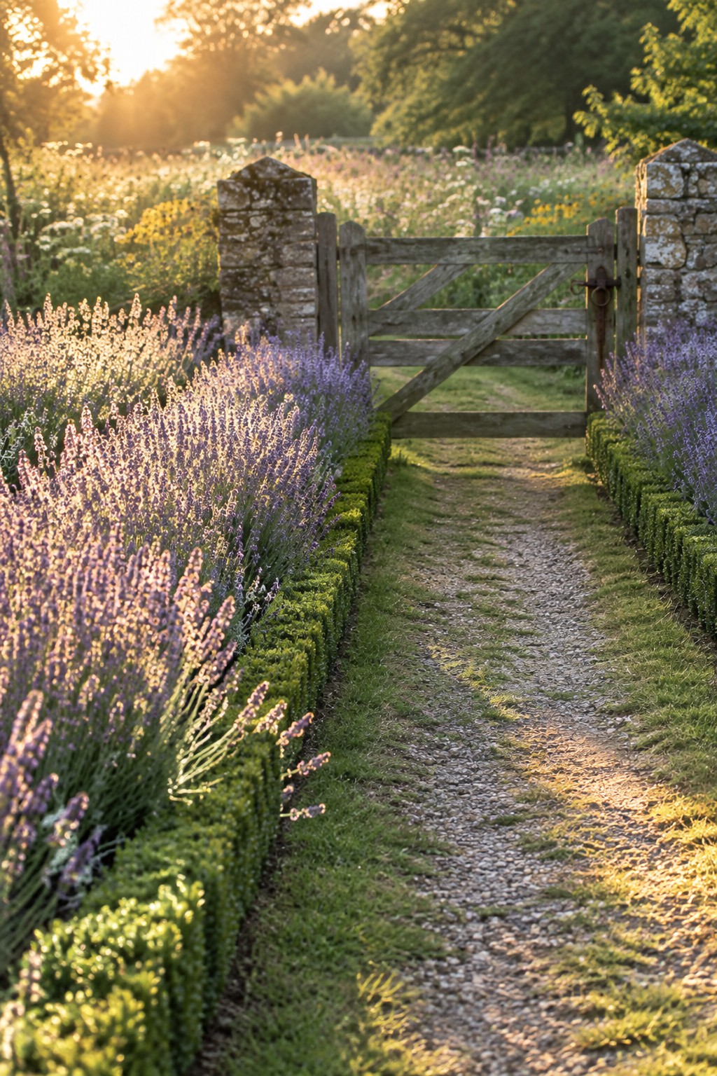 A wooden gate between stone pillars stands at the end of a gravel path bordered by boxwood and lavender.