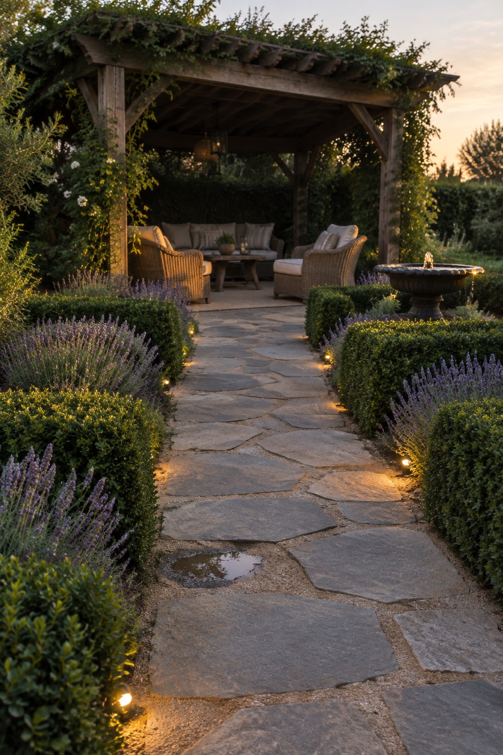 Irregular stone stepping path bordered by lavender and clipped boxwood leads to a wooden garden pergola with seating.