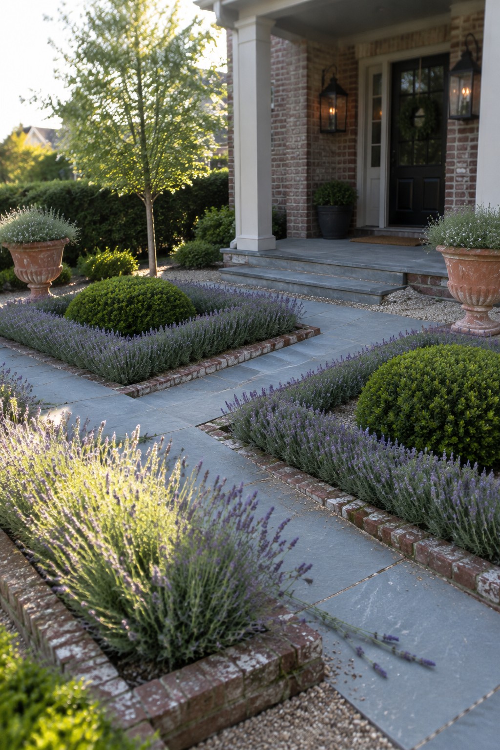 Brick-edged garden beds planted with lavender and boxwood beside a stone walkway leading to a brick house.
