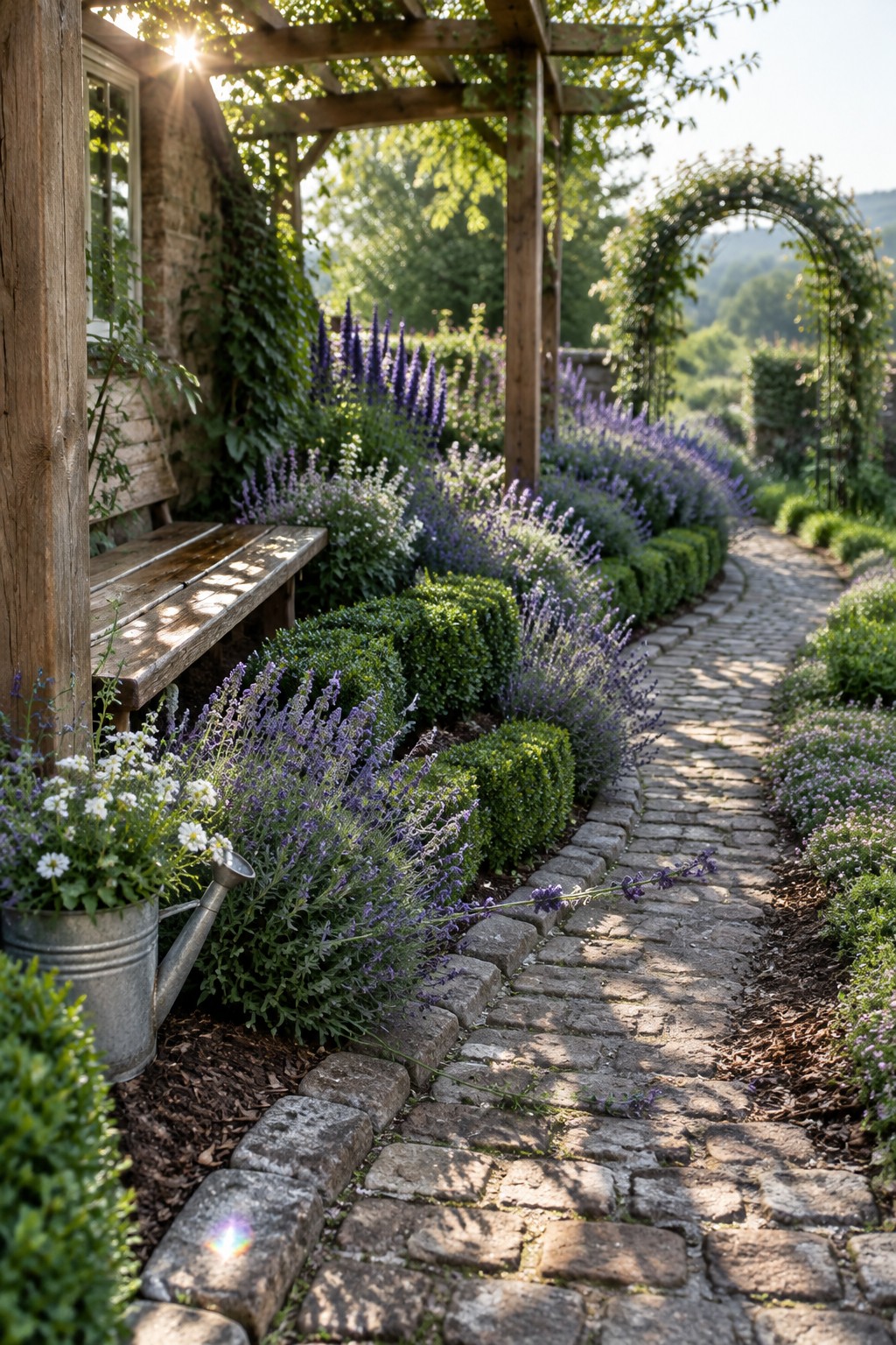 A curved stone path runs through garden beds with purple flowering plants and clipped boxwood, beside a wooden pergola and bench.