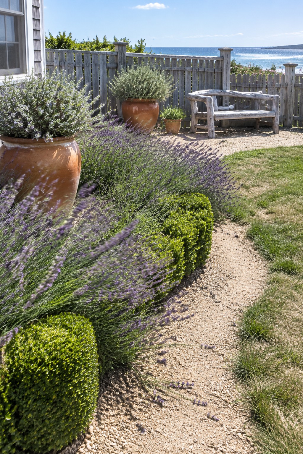 A gravel path curves through lavender and rounded boxwood in a fenced seaside garden.