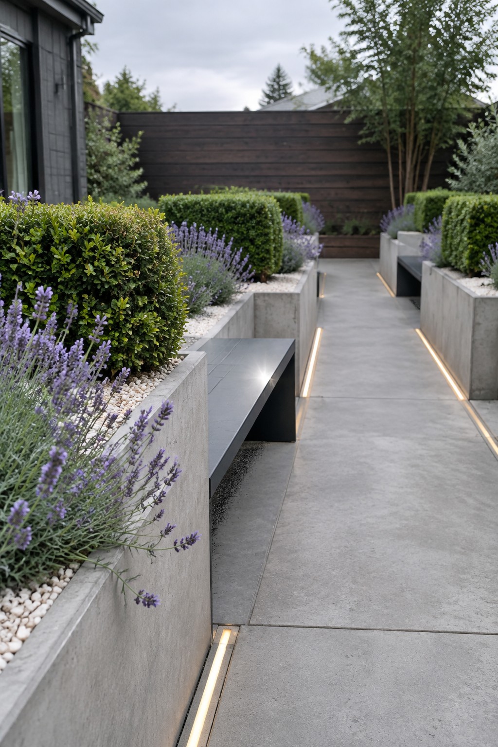 A concrete garden path runs between raised beds planted with lavender, clipped boxwood, and white gravel.